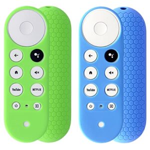 2pcs remote cover (glow in the dark) compatible with 2020 chromecast with google tv voice remote, pinowu anti slip silicone case cover (green and blue)
