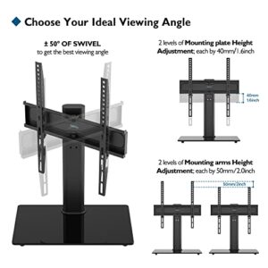 BONTEC Universal Swivel TV Stand Base, Table Top TV Stand for 26-55 inch LED OLED Flat Curved Screens, Height Adjustable TV Mount Stand with Glass Base Hold up to 99lbs, Max VESA 400x400mm