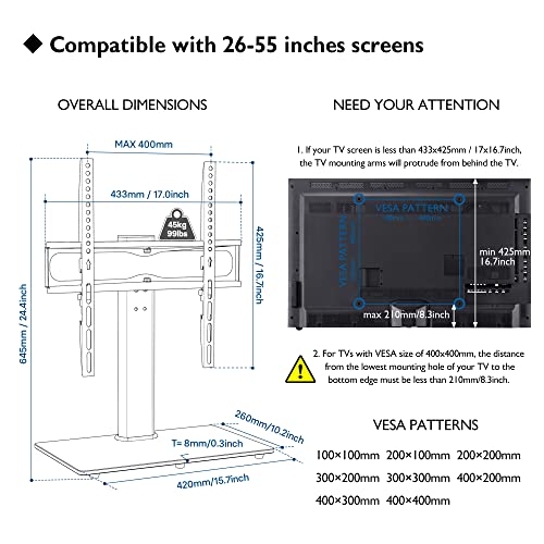 BONTEC Universal Swivel TV Stand Base, Table Top TV Stand for 26-55 inch LED OLED Flat Curved Screens, Height Adjustable TV Mount Stand with Glass Base Hold up to 99lbs, Max VESA 400x400mm