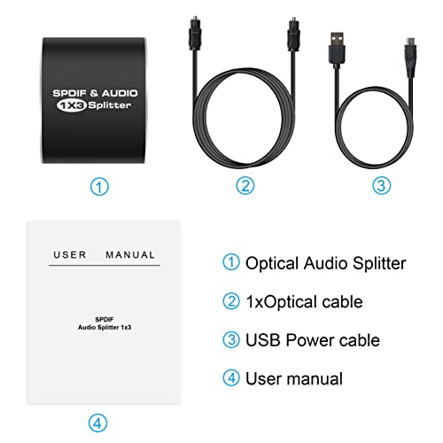 3 Port Digital Optical Splitter,SPDIF TOSLINK Digital Optical Audio Splitter 1x3(1 in 3 Out),Audio Format Support LPCM2.0 Doldy Digital & DTS 5.1