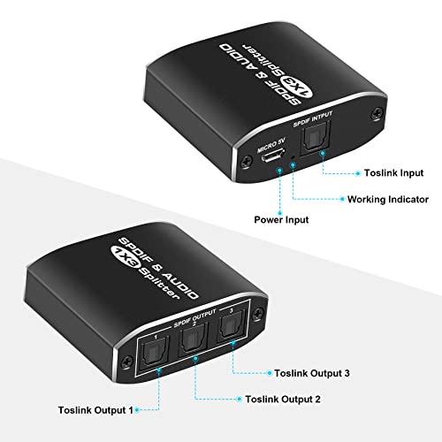 3 Port Digital Optical Splitter,SPDIF TOSLINK Digital Optical Audio Splitter 1x3(1 in 3 Out),Audio Format Support LPCM2.0 Doldy Digital & DTS 5.1