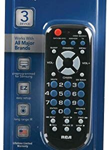 RCA 3-Device Palm-Sized Universal Remote, Long Range IR, Replaces Most Major Remote Brands, Designed for Comfort, RCR503BE