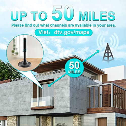 TV Antenna-Indoor Outdoor Digital HDTV Antenna with Magnetic Base, 50+ Miles Range,10ft Coax Cable Amplifier Signal Booster, Support 4K 1080P for All TVs