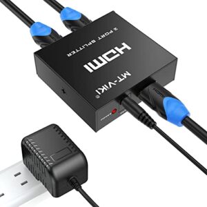4k hdmi splitter 1 in 2 out, mt-viki 1×2 powered hdmi splitter for dual monitors w/power adapter, 4k@30hz dual monitors duplicate/mirror for ps4 fire stick hdtv