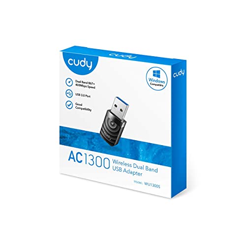 Cudy AC1300 WiFi USB 3.0 Adapter for PC, USB WiFi Dongle, 5Ghz /2.4Ghz, WiFi USB 3.0, Wireless Adapter for Desktop/Laptop, Compatible with Windows 7/8/8.1/10/11, mac OS, Linux, WU1300S