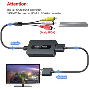 Male RCA to HDMI Cable Converter with HDMI and RCA Cables, CVBS Composite AV to HDMI Converter, RCA in HDMI Out Adapter, Full HD 720P/ 1080P Output Switch for DVD, STB, Roku with Female RCA Output