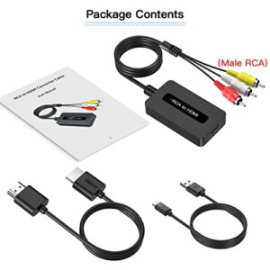 Male RCA to HDMI Cable Converter with HDMI and RCA Cables, CVBS Composite AV to HDMI Converter, RCA in HDMI Out Adapter, Full HD 720P/ 1080P Output Switch for DVD, STB, Roku with Female RCA Output