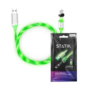statik globright universal light-up cable – magnetic smart fast charging charger with durable nylon braid – lights up in the dark (green)