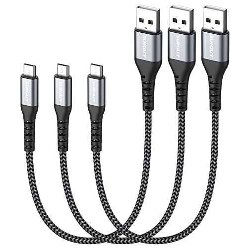 SUNGUY Micro USB Cable 1FT[3Pack] Short Braided USB 2.0 Micro Fast Charging and Data Sync Cord for Samsung Galaxy S7 Edge S6,Moto G5 G5S Plus,Sony Xperia Z3 Z5