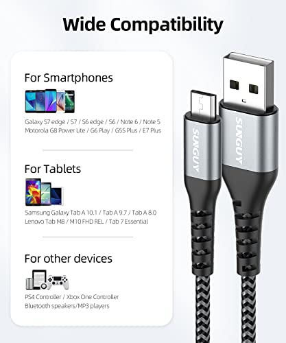 SUNGUY Micro USB Cable 1FT[3Pack] Short Braided USB 2.0 Micro Fast Charging and Data Sync Cord for Samsung Galaxy S7 Edge S6,Moto G5 G5S Plus,Sony Xperia Z3 Z5