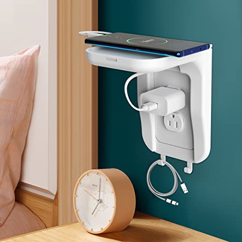 Suptek Wall Outlet Shelf, Home Wall Shelf Organizer for Outlets, Perfect for Bathroom, Kitchen, Bedrooms,Ideal for Cell Phone,Speaker up to 20lbs,With Cable Management and Detachable Hooks,White(S3W)