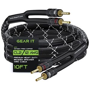 gearit 12awg speaker cable wire with gold-plated banana tip plugs (10 feet) in-wall cl2 rated, heavy duty braided, 99.9% oxygen-free copper (ofc) – black, 10ft