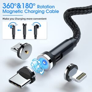 Magnetic Charging Cable [5-Pack,3/3/6/10/10FT] 3 in 1 Magnetic Phone Charger 360°&180° Rotating Magnetic Charger Cable with LED Light Nylon Braided Cord for Micro-USB, USB C and i-Product Device-Black