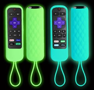 2 pack case for roku express/streaming stick/premiere – silicone remote cover for tcl hisense roku tv remote sleeve skin smart tv remote control replacement cover case glow in the dark – blue green