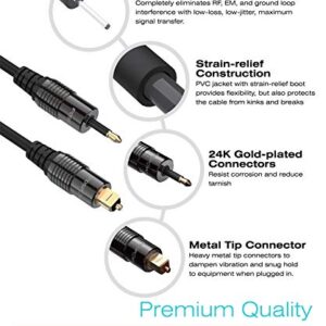 FosPower (6 Feet) 24K Gold Plated Toslink to Mini Toslink Digital Optical S/PDIF Audio Cable with Metal Connectors & Strain-Relief PVC Jacket