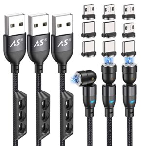 a.s 540 degree magnetic charging cable(6ft/3pack), nylon braided cord 3a fast charge magnetic data cable, the last cable magnet phone charger compatible with micro usb, type c devices