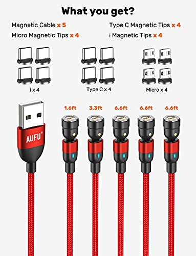 Fast Charging Magnetic Charging Cable(5Pack-1.6ft/3.3ft/6.6ft/6.6ft/6.6ft), AUFU Magnetic Charger Cable USB C Magnetic Fast Charger 3A Fast Charging Data Transfer Magnetic Cable for Micro USB Type C