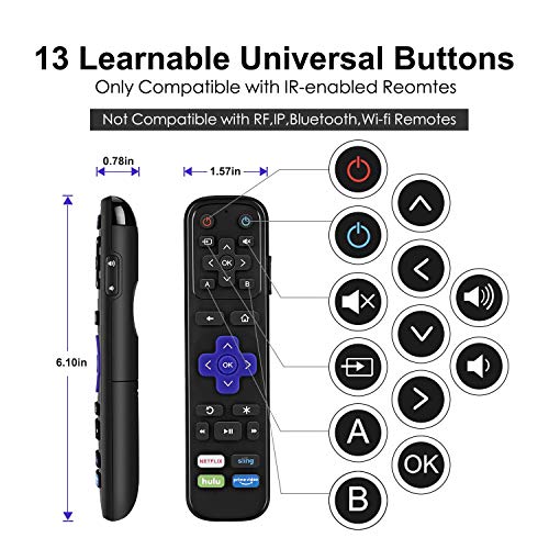 SofaBatn R2 Universal IR Remote Replacement for Roku Streaming Player with 13 Extra Learning Buttons to Control TV Soundbar All in One (for Roku 1 2 3 4 Premier+ Express+ Ultra, NOT for Roku Stick)