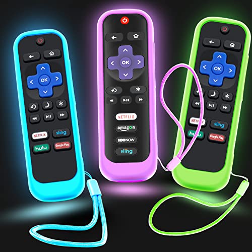 3Pack Case for Roku Remote, Cover for Hisense/TCL Roku TV Steaming Stick/Express Universal Replacement Controller Silicone Sleeve Skin Glow in The Dark Green Sky Purple