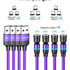 Magnetic Charging Cable 3A Fast Charging [4 Pack, 10ft,6ft,6ft,3ft], FOCYO 540 Rotating Fast Charge Magnetic Phone Charger Cable, Nylon Braided Magnetic Cable Data Transfer Cord for Micro USB, Type C