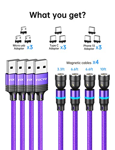 Magnetic Charging Cable 3A Fast Charging [4 Pack, 10ft,6ft,6ft,3ft], FOCYO 540 Rotating Fast Charge Magnetic Phone Charger Cable, Nylon Braided Magnetic Cable Data Transfer Cord for Micro USB, Type C