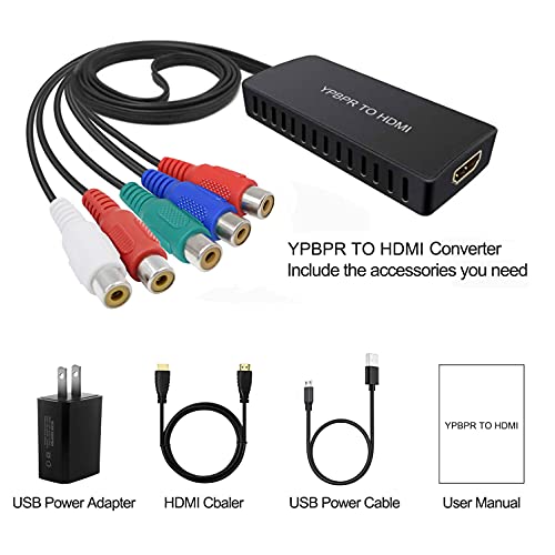 Dingsun Component to HDMI Converter Female YPbPr to HDMI Converter Support 720P/ 1080P for HD TV, DVD Player, Blu-ray Player, Wii, PS2/PS3, Xbox 360, Original Xbox and More (with HDMI Cable)