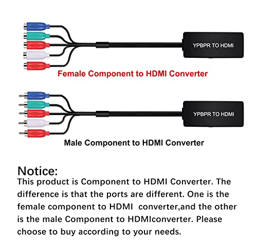 Dingsun Component to HDMI Converter Female YPbPr to HDMI Converter Support 720P/ 1080P for HD TV, DVD Player, Blu-ray Player, Wii, PS2/PS3, Xbox 360, Original Xbox and More (with HDMI Cable)