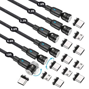 melonboy 360°&180° rotation magnetic charging cable[6-pack, 1.6ft/3.3ft/3.3ft/6.6ft/6.6ft/10ft], magnetic phone charger, 3 in 1 magnetic cable compatible with micro usb, type c – black
