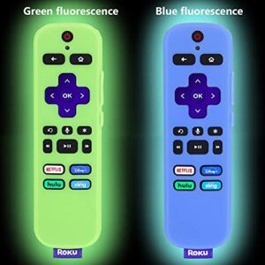 [2 Pack] Remote Cover (Glow in The Dark) Compatible with Roku Voice Remote, Pinowu Anti Slip Silicone Cover Compatible with Roku Players and Roku TVS Voice Remote (Green and Blue)