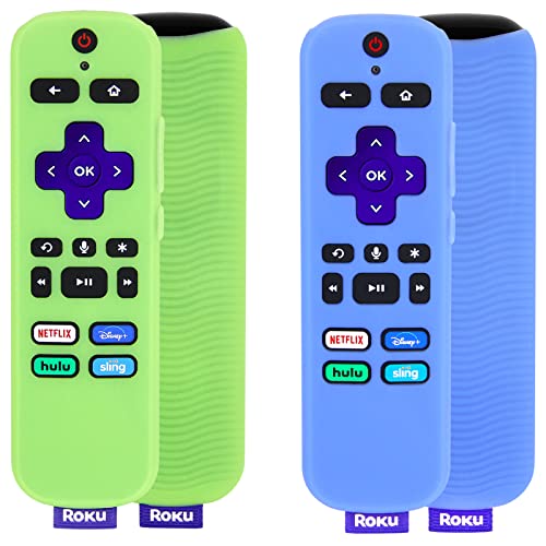 [2 Pack] Remote Cover (Glow in The Dark) Compatible with Roku Voice Remote, Pinowu Anti Slip Silicone Cover Compatible with Roku Players and Roku TVS Voice Remote (Green and Blue)