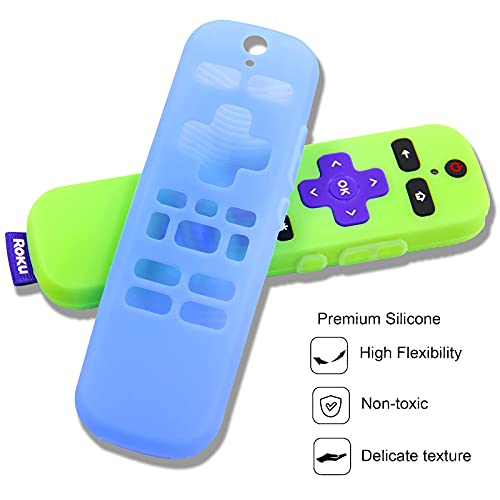 [2 Pack] Remote Cover (Glow in The Dark) Compatible with Roku Voice Remote, Pinowu Anti Slip Silicone Cover Compatible with Roku Players and Roku TVS Voice Remote (Green and Blue)