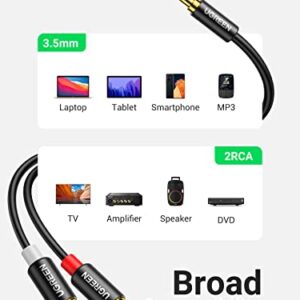 UGREEN RCA to Aux Cable 3.5mm Male to 2RCA Female Adapter Hi-Fi Sound RCA Auxiliary Stereo Audio Cord Gold Plated RCA Y Splitter 1/8 to RCA Connector for iPhone MP3 Tablet Computer Speaker 0.8 FT