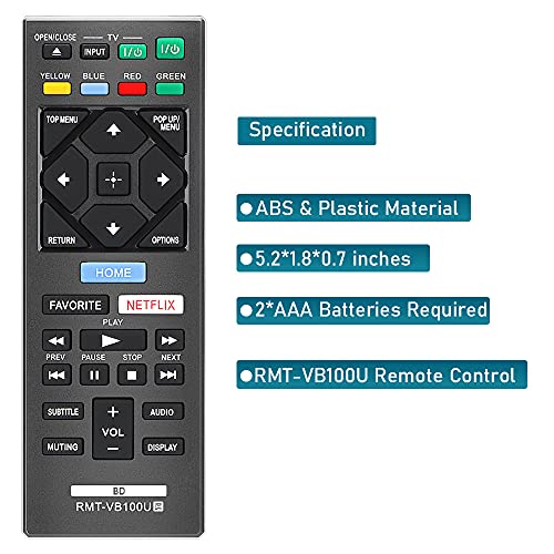 CtrlTV Remote for Sony Blu-Ray Remote and Sony Blu Ray DVD Player BD Disc 3D Streaming 4K Ultra HD UHD HDR Home Theater BDP Series Player RMT-VB100U with Netflix