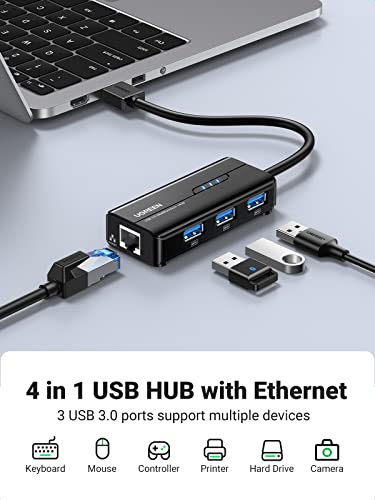 UGREEN USB 3.0 Hub Ethernet Adapter 10 100 1000 Gigabit Network Converter with 3 USB 3.0 Ports Hub Compatible with Laptop PC Nintendo Switch MacBook Mac Mini Surface XPS Windows Linux macOS, and More