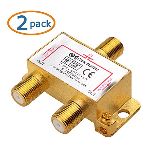 Cable Matters 2-Pack Bi-Directional 2.4 Ghz 2 Way Coaxial Cable Splitter for STB TV, Antenna and MoCA Network - All Port Power Passing - Gold Plated and Corrosion Resistant