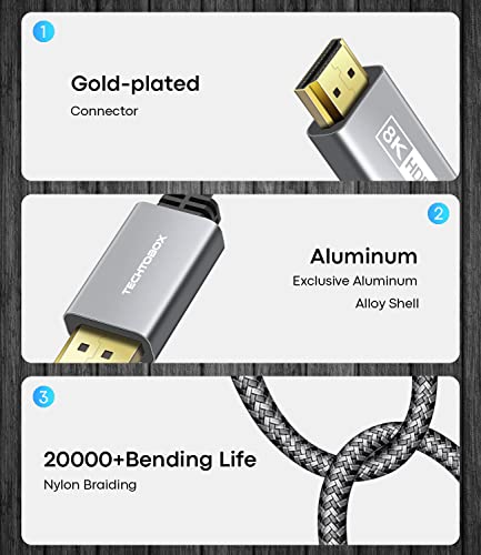 TECHTOBOX DisplayPort to HDMI Cable Adapter [8K@60Hz,4K@144Hz,2K@240Hz] 6FT Uni-Directional DP 1.4 to HDMI 2.1 Braided Cord Support HDCP 2.3/HDR/DSC 1.2 for HP,Lenovo,Dell,AMD,NVIDIA and More