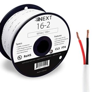 Voltive 16/2 Speaker Wire - 16 AWG/Gauge 2 Conductor - UL Listed in Wall (CL2/CL3) and Outdoor/In Ground (Direct Burial) Rated - Oxygen-Free Copper (OFC) - 100 Foot Spool - White