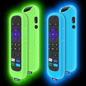 2 pack case for roku voice remote pro,cover roku ultra 2020/2019/2018 remote control silicone protective controller back sleeve holder universal replacement skin new protector(glow blue,glow green)