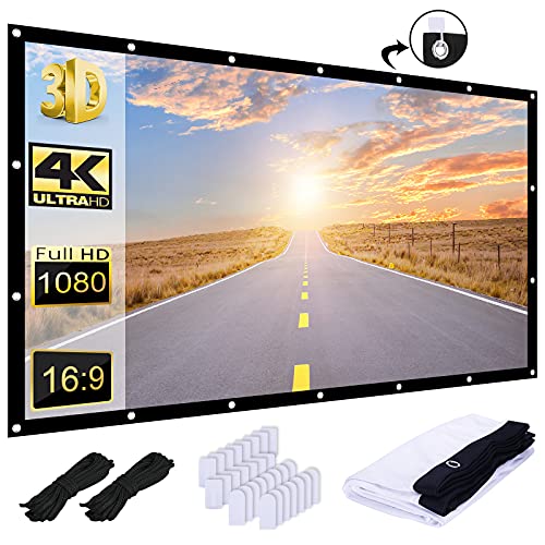 120 inch White Projector Screen, AAJK Projection Screen16:9 HD Hanging Movie Screen Foldable Anti-Crease, for Outdoor, Indoor