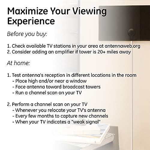 GE Ultra Edge Indoor HD Digital TV Antenna, Long Range Smart TV Antenna, Slim Décor Reversible Black White Design, Supports 4K HD Smart TV VHF UHF, 6ft Coax HDTV Cable, 11264