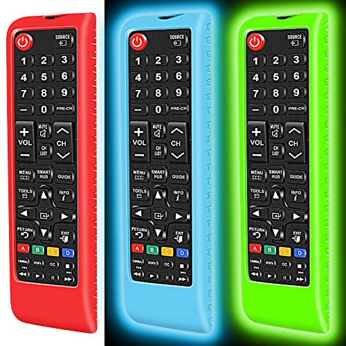 3Pcs Silicone Protective Case Cover for Samsung LCD LED HDTV 3D Smart TV Remote,Samsung BN59-01199F BN59-01301A Remote Holder Skin,Shockproof Samsung Remote Battery Back Covers-Glowblue Glowgreen Red