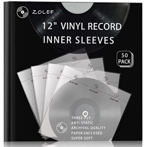 12″ vinyl record sleeves inner 50 pack, thicker 3-ply anti static archival lp inner sleeve with rice paper for 33 rpm records protection