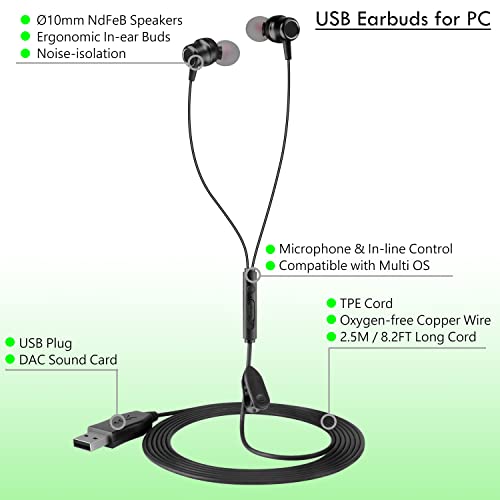 USB Earbuds with 8.2FT Extra Long Cord for Computer, in-Ear USB Headphone Headset with Mic Compatible with Laptop, Desktop PC, Notebook & Chromebook, Noise-isolation & Lightweight, CGS-W7