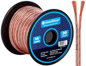 installgear 14 gauge wire awg speaker wire (30ft – clear) | speaker cable for car speakers stereos, home theater speakers, surround sound, radio, automotive wire, outdoor | speaker wire 14 gauge