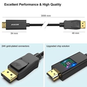 AVACON DisplayPort to HDMI 10 Feet Gold-Plated Cable, Display Port to HDMI Adapter Male to Male Black