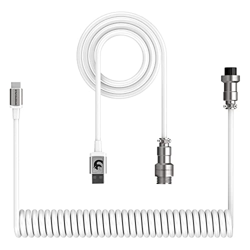 ZIYOU LANG C01 Custom Coiled USB C to A Cable with Detachable Double Sleeved Spiral Cable Extendable Spring Line Metal Aviator for Playstation Xbox Keyboard Mouse USB Flash Drive Printer(White)