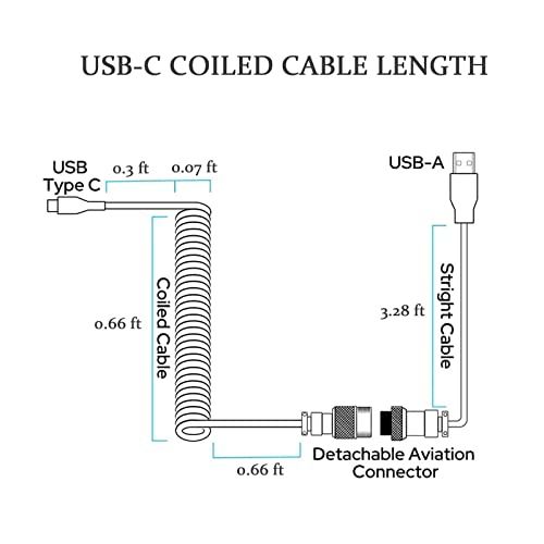 ZIYOU LANG C01 Custom Coiled USB C to A Cable with Detachable Double Sleeved Spiral Cable Extendable Spring Line Metal Aviator for Playstation Xbox Keyboard Mouse USB Flash Drive Printer(White)