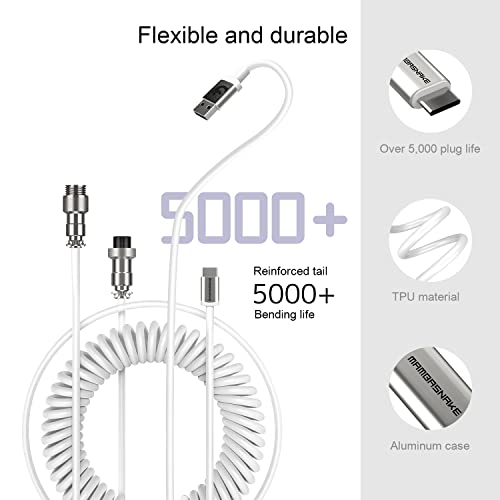 ZIYOU LANG C01 Custom Coiled USB C to A Cable with Detachable Double Sleeved Spiral Cable Extendable Spring Line Metal Aviator for Playstation Xbox Keyboard Mouse USB Flash Drive Printer(White)
