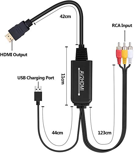 RCA to HDMI Converter, RCA to HDMI Cable, AV to HDMI Converter Cable Cord, 3RCA CVBS Composite Audio Video to 1080P HDMI Supporting PAL NTSC for PC Laptop Xbox PS3 PS4 TV STB VHS VCR Camera DVD Etc