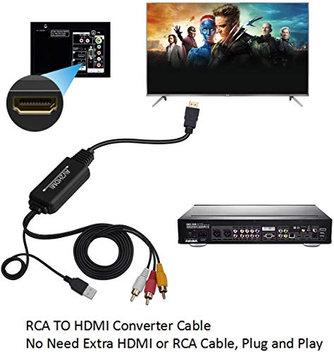 RCA to HDMI Converter, RCA to HDMI Cable, AV to HDMI Converter Cable Cord, 3RCA CVBS Composite Audio Video to 1080P HDMI Supporting PAL NTSC for PC Laptop Xbox PS3 PS4 TV STB VHS VCR Camera DVD Etc